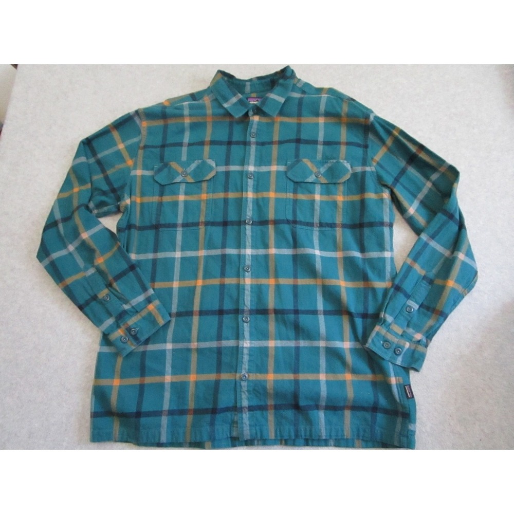 Patagonia Shirt Mens XXL Blue Orange Fjord Flannel Plaid Long Sleeve Hiking